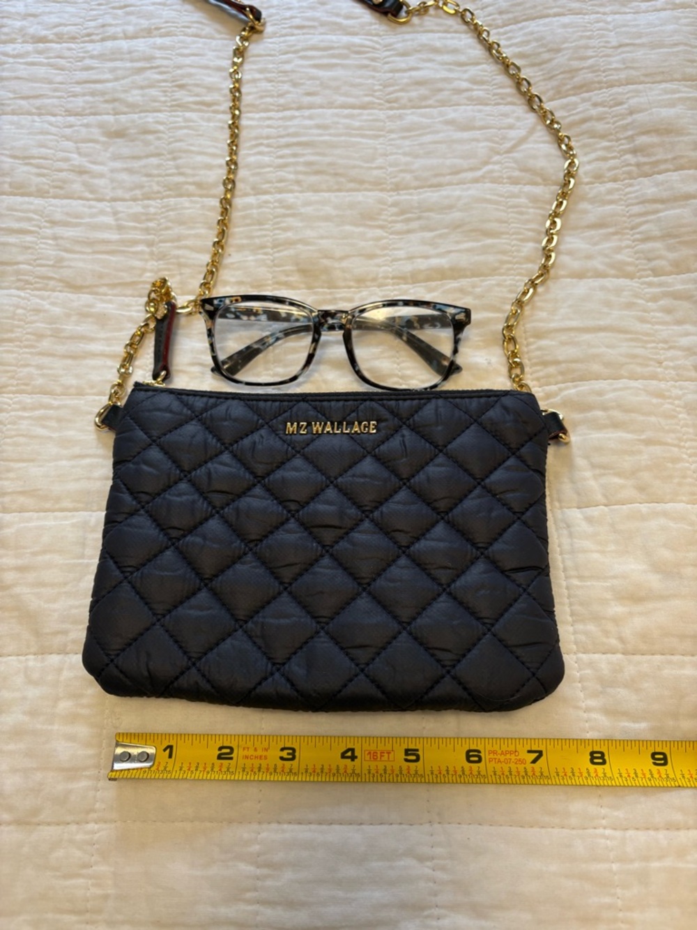 MZ Wallace METRO Quilted Crossbody Pouch in Navy with Gold Chain